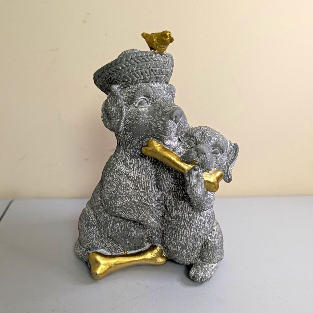 Gray & Gold Poodle Dog Figurine Holding Bone w/ Puppy & Bird on Hat, Bones